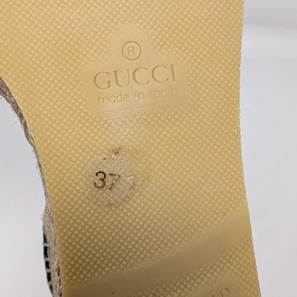 Gucci Pilar GG Monogram Denim D'Orsay Espadrille Wedge Heel Sandal Blue Tan 37